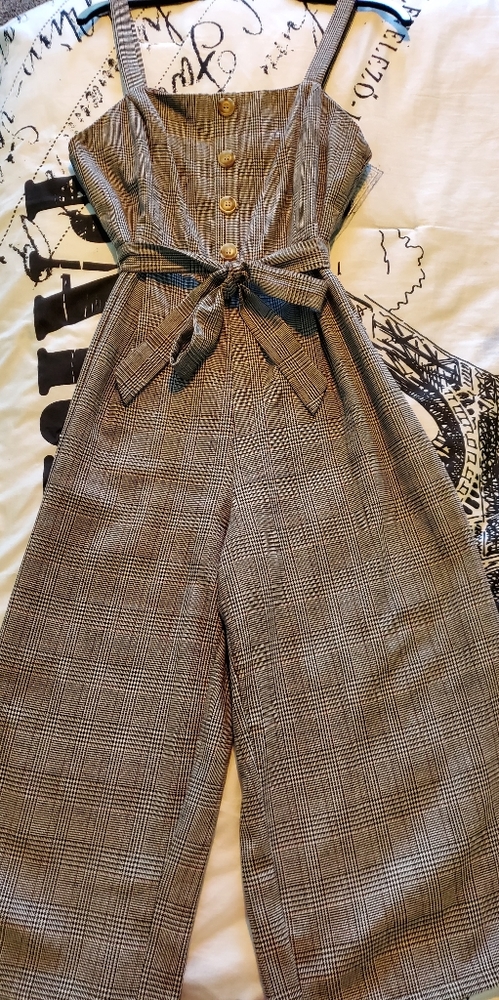 Button Front Crop Plaid Jumpsuit